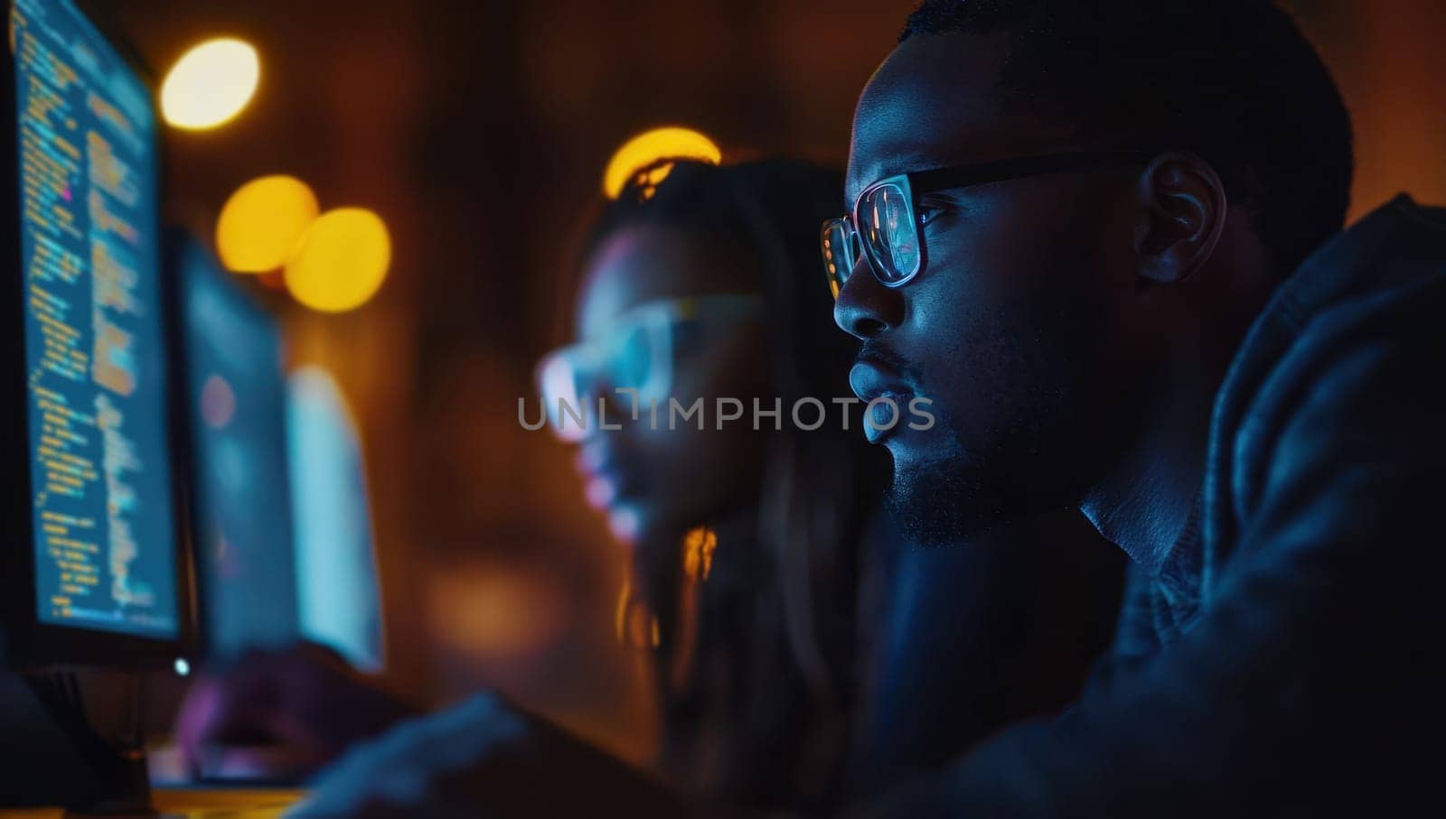 Two people working together on a computer in a dimly lit office environment. Concept of collaboration, teamwork, and technology.