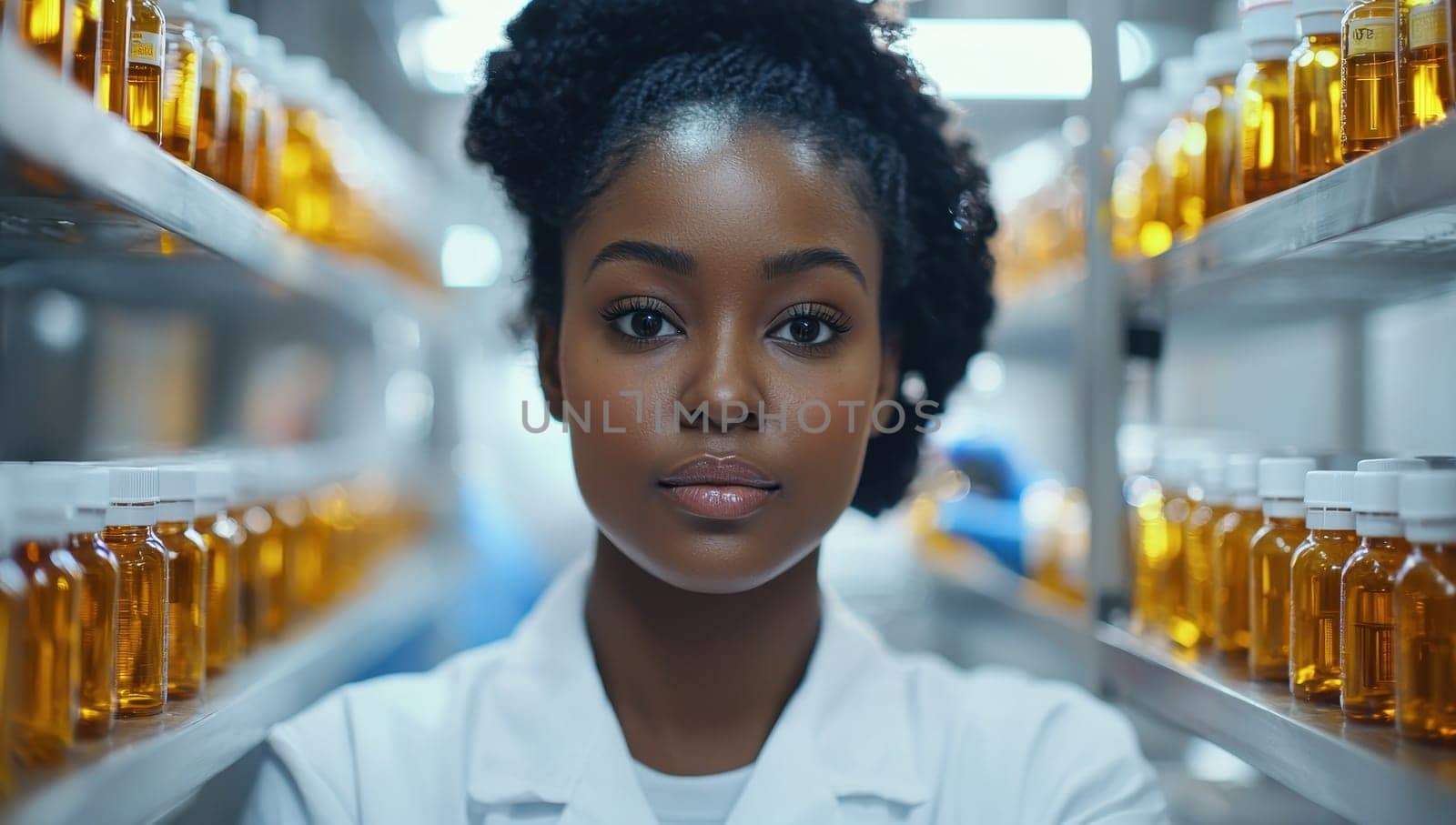 Confident scientist in lab coat among shelves of specimen bottles. Concept of medicine, pharmacy, science and research.