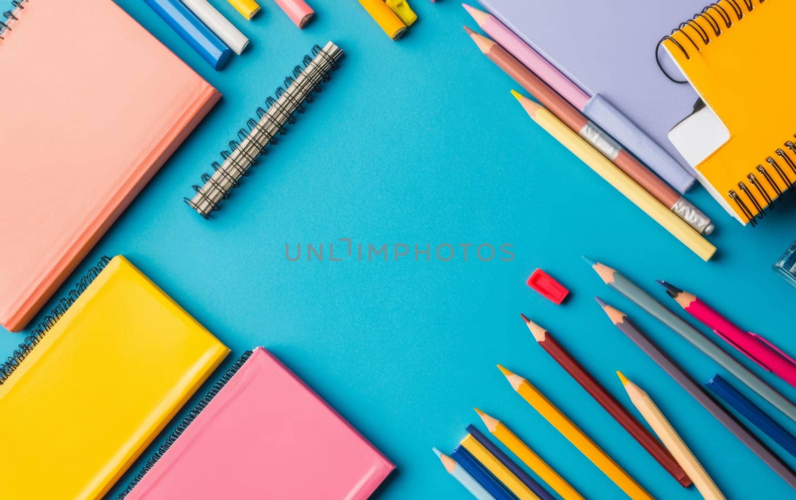 Vibrant assortment of school stationery including notebooks, pencils, and erasers arranged on bright blue backdrop with copy space.