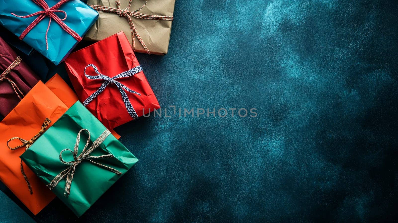 A collection of wrapped gift boxes in vibrant colors with copy space on a textured background.