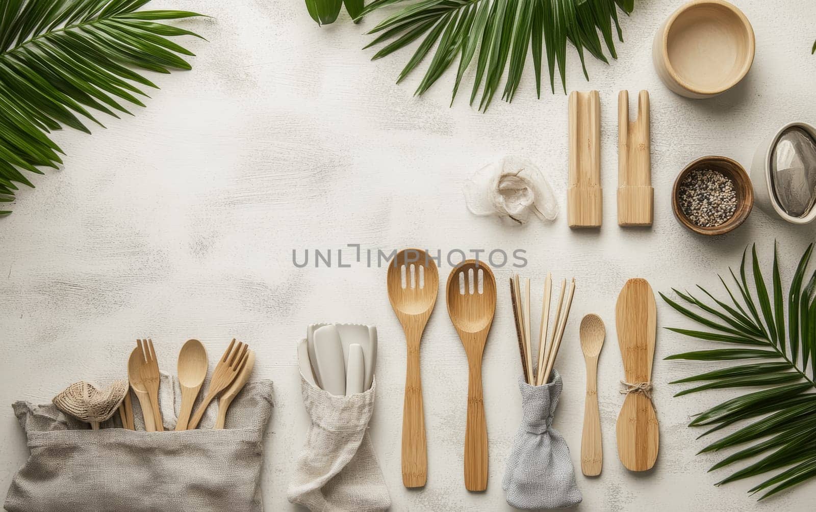 Sustainable bamboo utensils and kitchenware arranged with palm leaves on white textured background, showcasing zero waste lifestyle and natural cooking concept.
