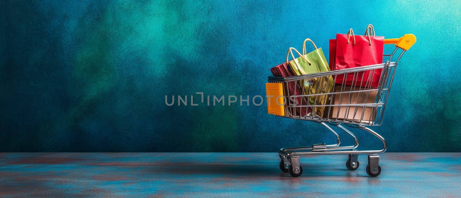 A shopping cart filled with colorful paper bags against a vibrant blue background, offering ample copy space for text.