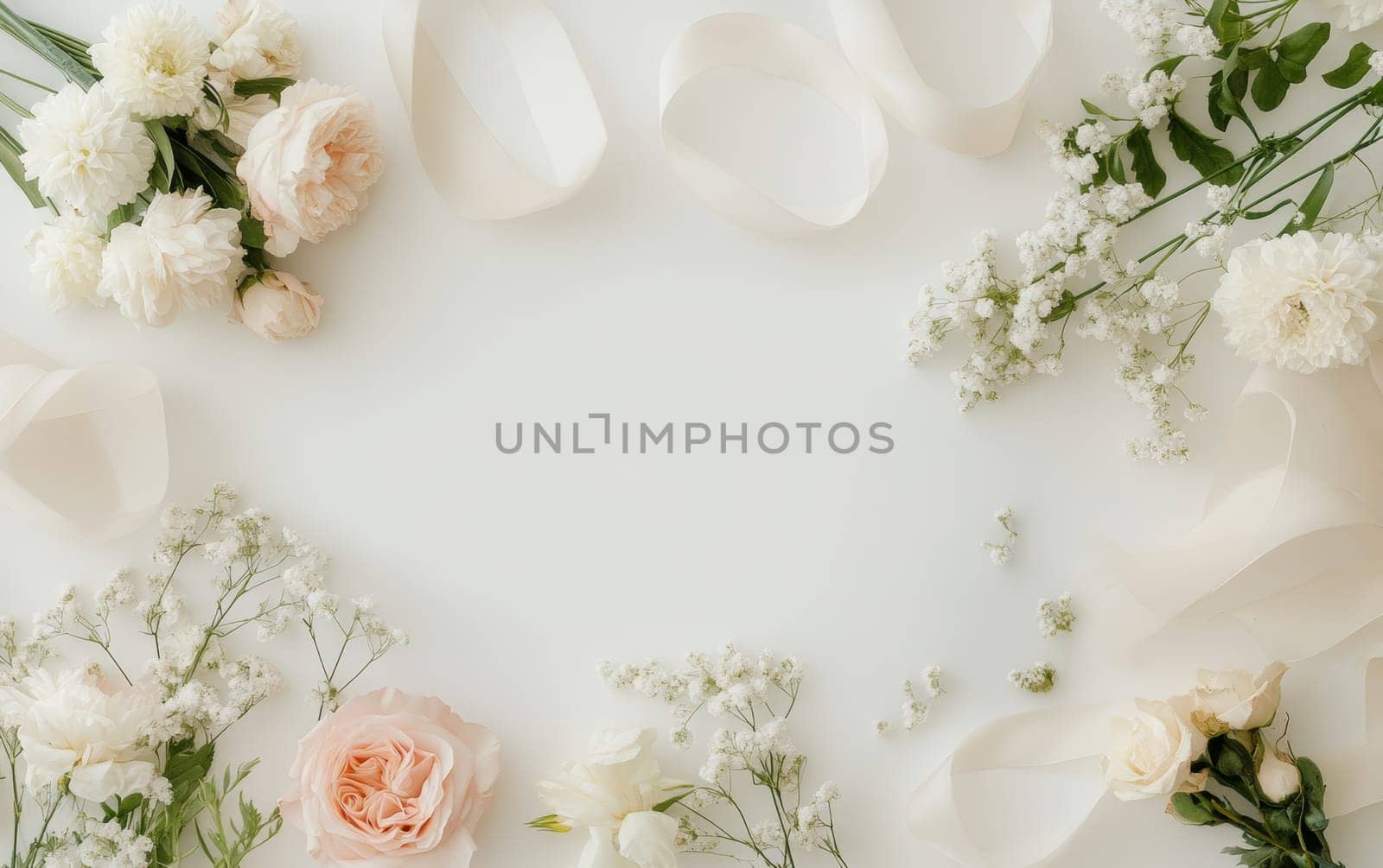 Romantic composition of white roses, peonies, and baby's breath on pale background, creating an elegant and soft wedding inspired setting.