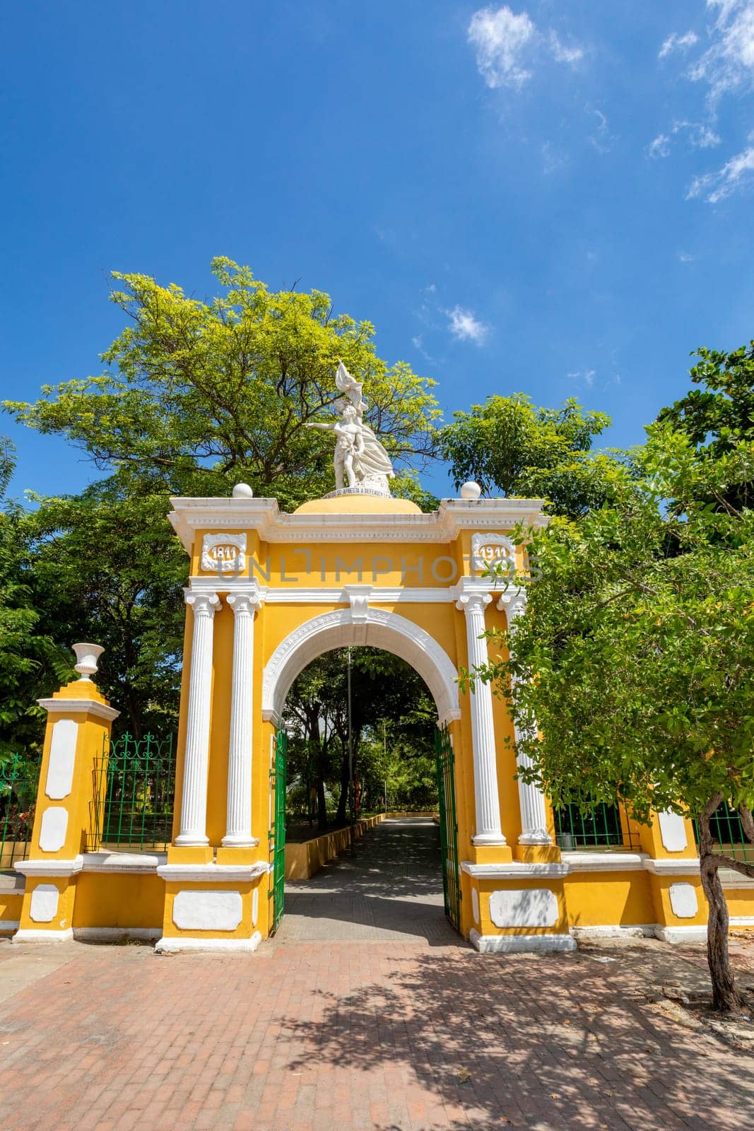 Entrance to Centenario Park, Cartagena de Indias, Colombia. The park commemorates the 100th anniversary of the proclamation of Cartagena's independence in 1811.