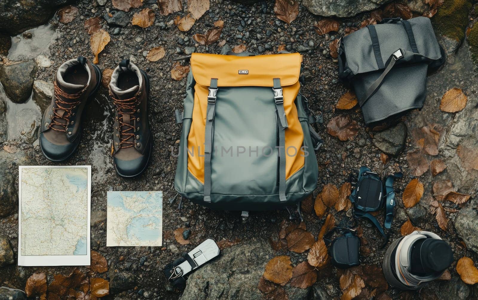 Hiking equipment including boots, backpack, and maps arranged on rocky ground with fall leaves, ready for outdoor adventure and exploration.