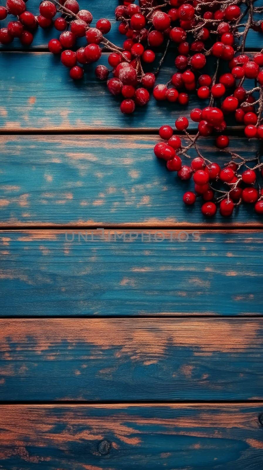 Vibrant red winter berries on rustic blue wooden planks with weathered texture, perfect for seasonal decor or holiday designs with copy space.