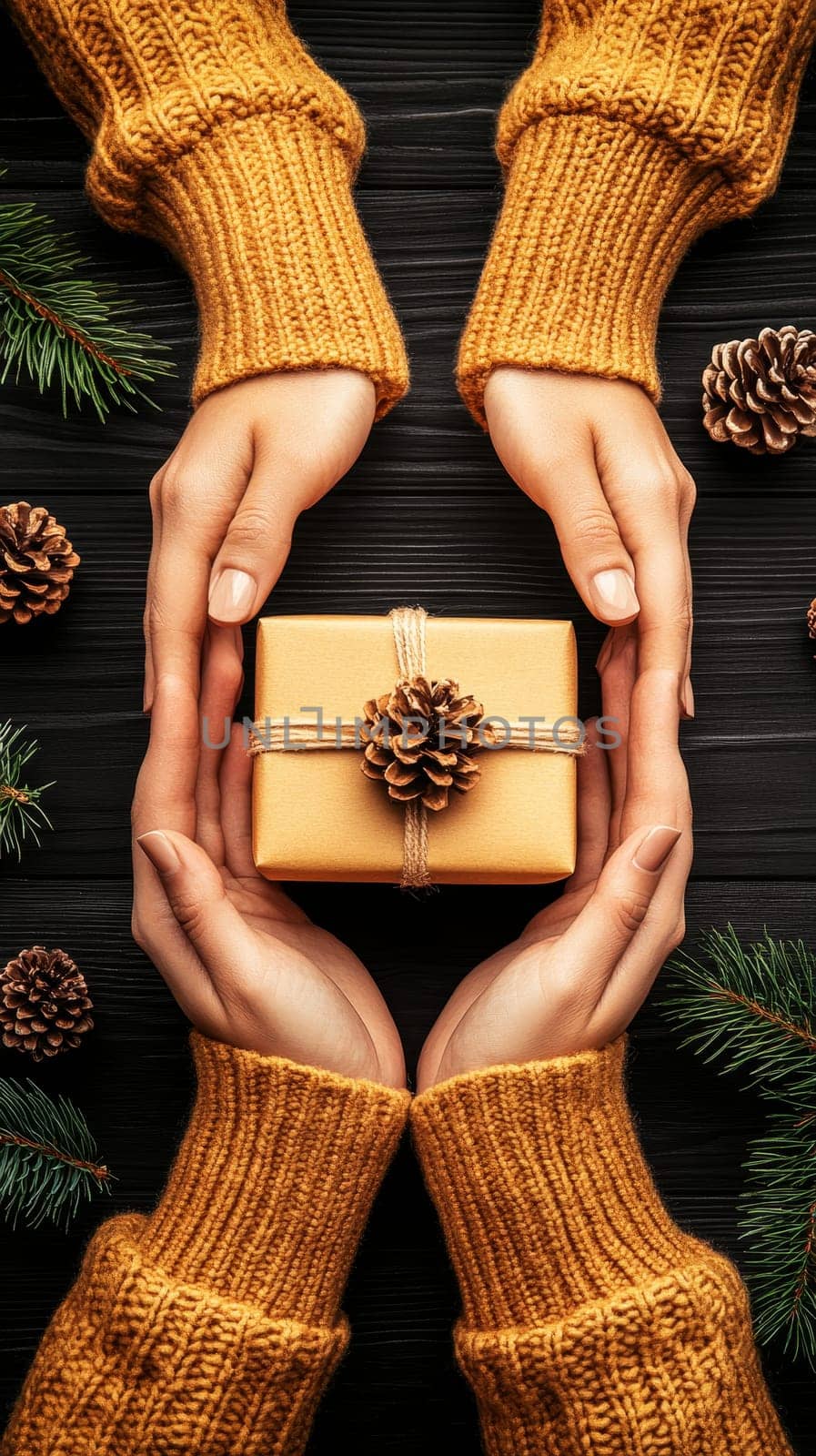 Female hands in cozy knit sweater holding golden gift box with pinecone decoration, surrounded by pine branches and cones on dark wooden background.