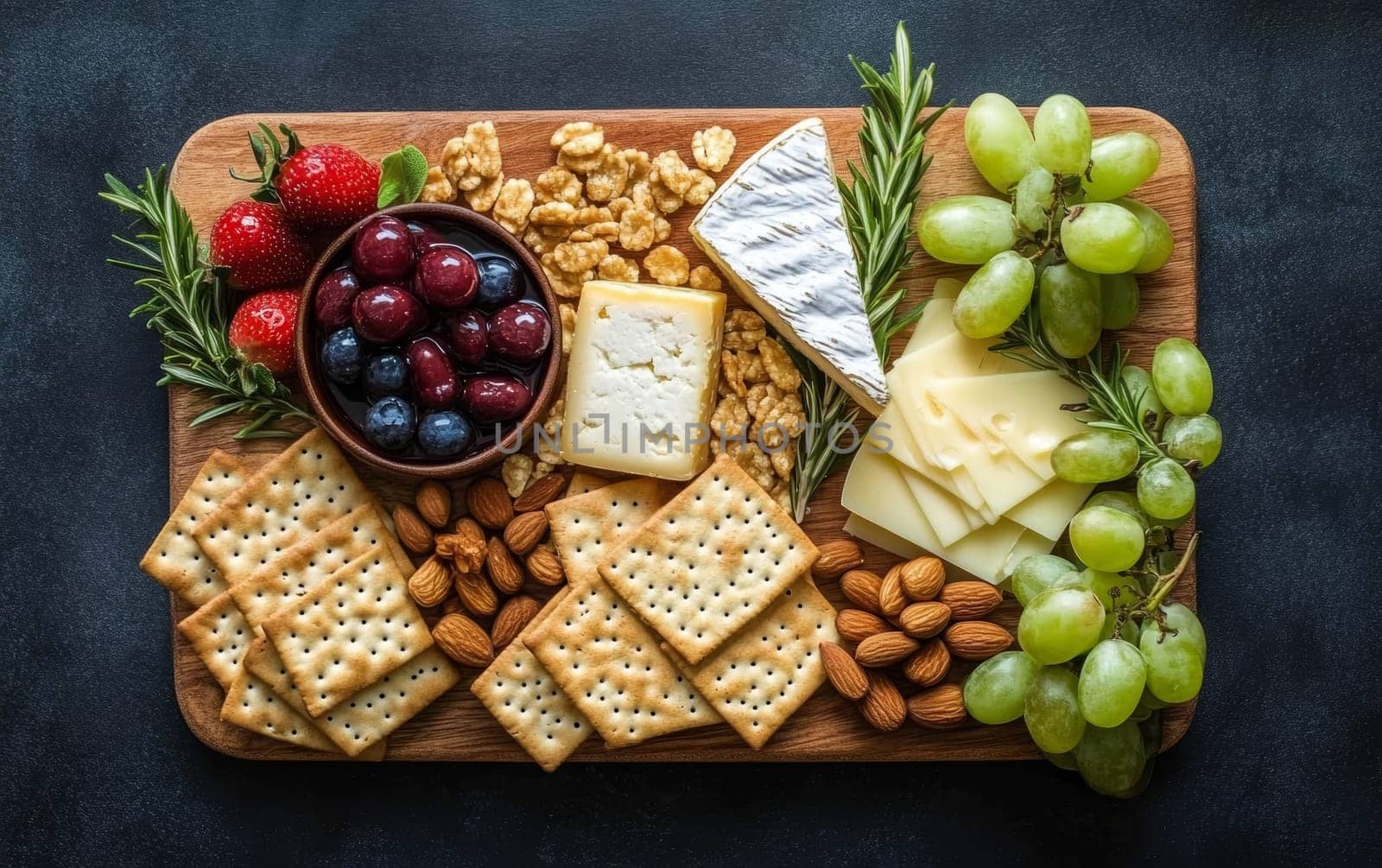 Luxurious cheese board with assorted cheeses, fresh fruits, nuts, and crackers on dark background, perfect for entertaining or wine pairing.