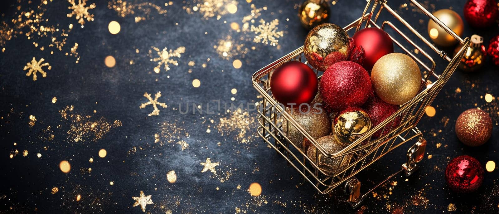 Miniature gold shopping cart filled with red and gold Christmas ball ornaments on dark background with glittery snowflakes, holiday shopping concept.