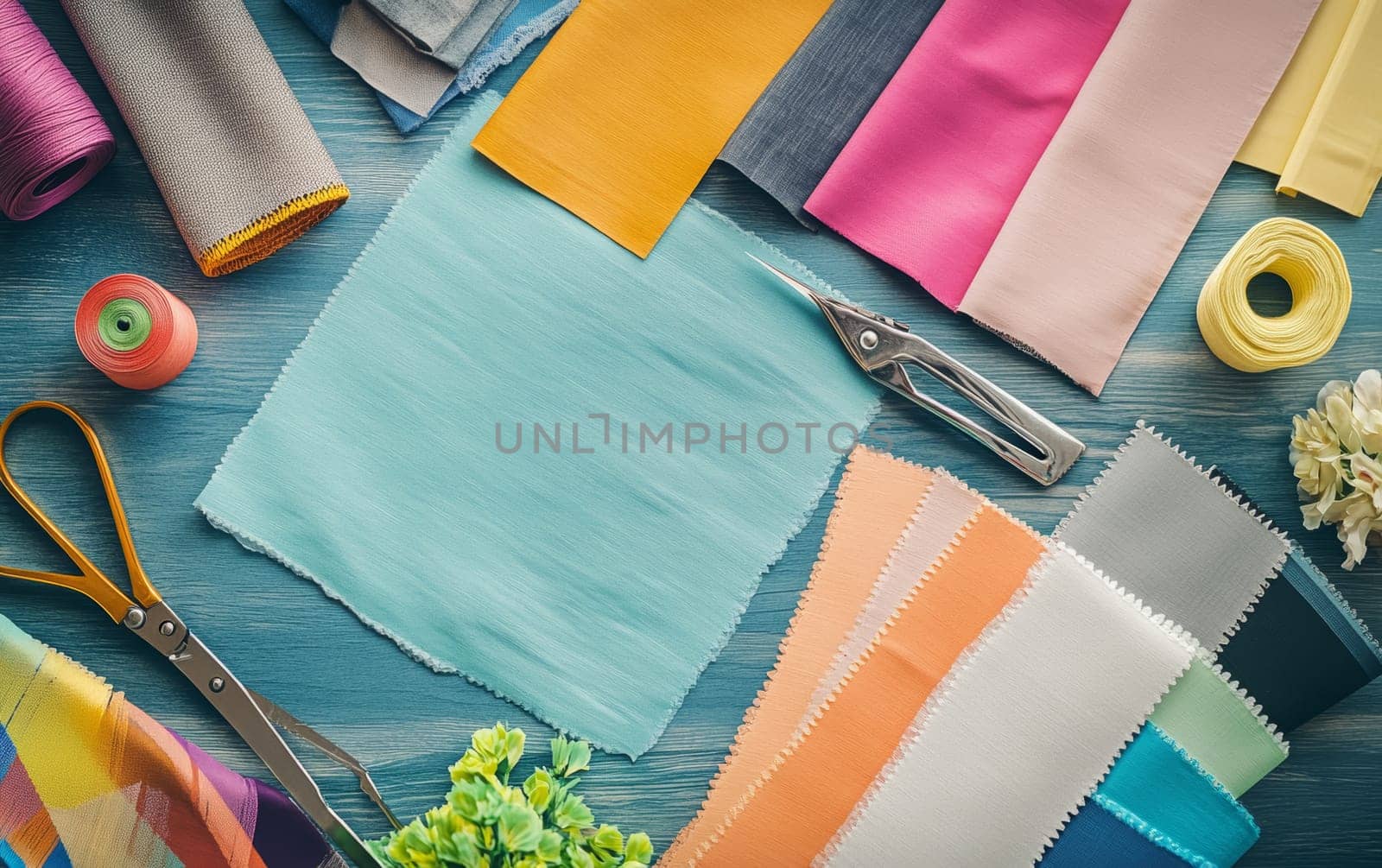 Vibrant array of fabric samples, threads, and sewing accessories on blue wooden background, showcasing textile variety and craftsmanship tools.