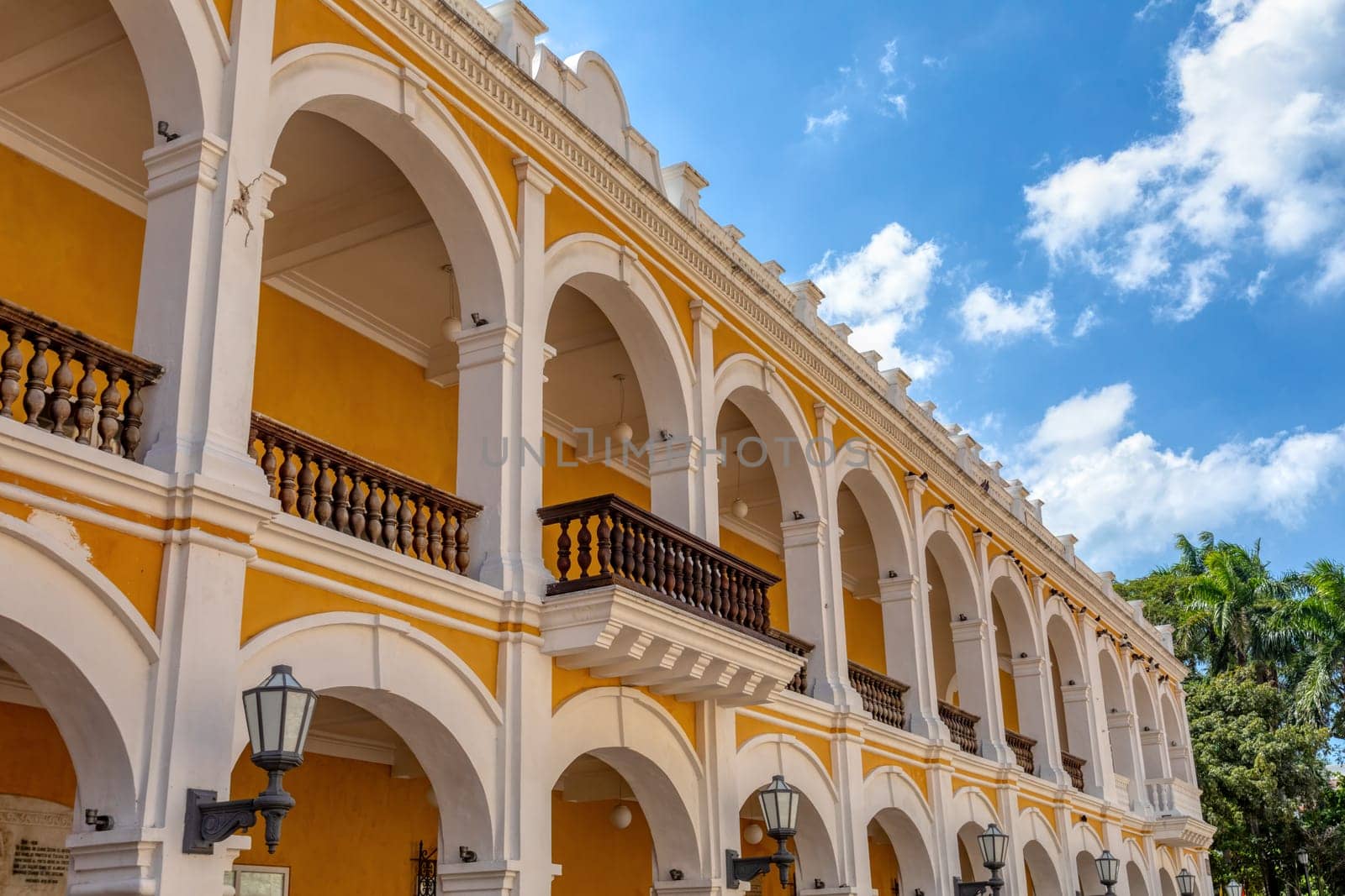 Beautiful building in historic city Cartagena de Indias with beautiful colonial architecture. The one of most beautiful town in Caribbean Coast Region, Colombia.