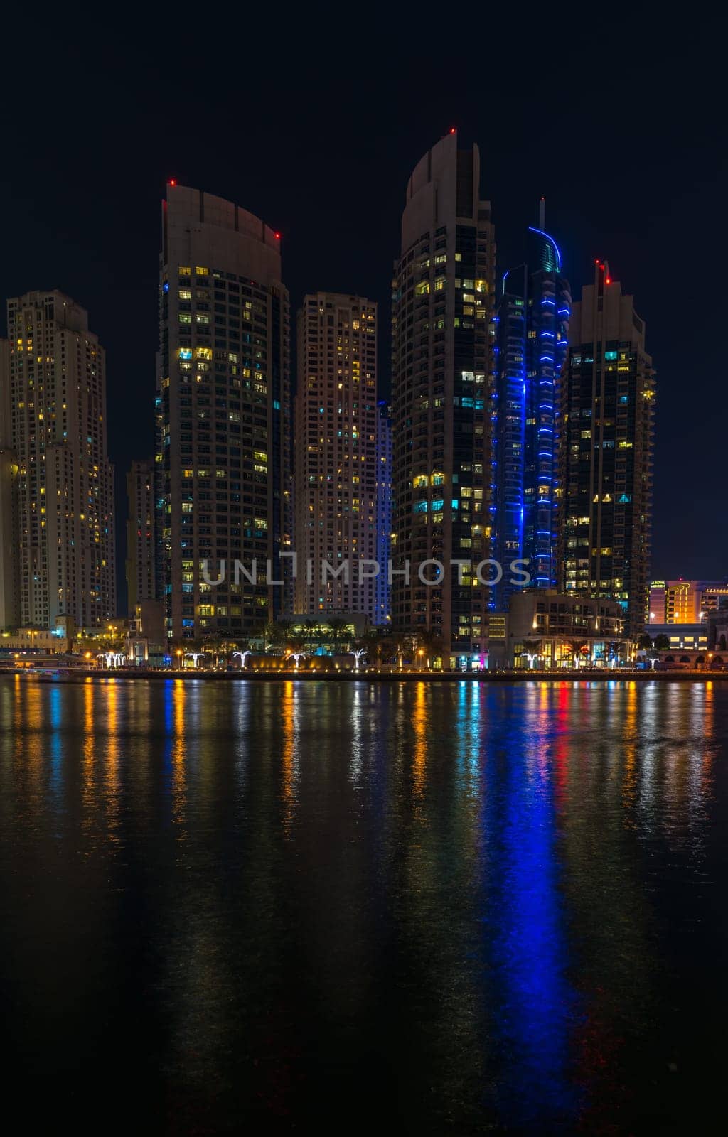 UAE, DUBAI - DECEMBER 31: night view of Dubai Marina, United Arab Emirates - the largest man-made marina in the world on December 31, 2014