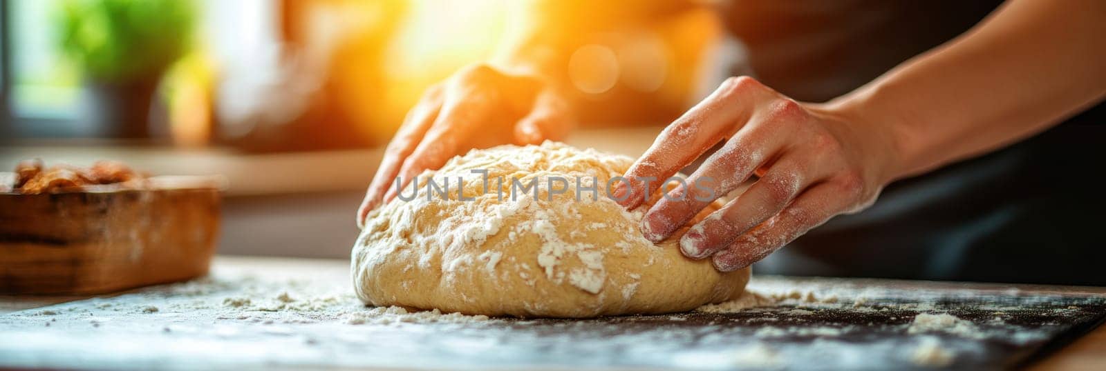 The hands knead the dough on a floured surface and prepare homemade bread in a cozy kitchen environment. AI generative.