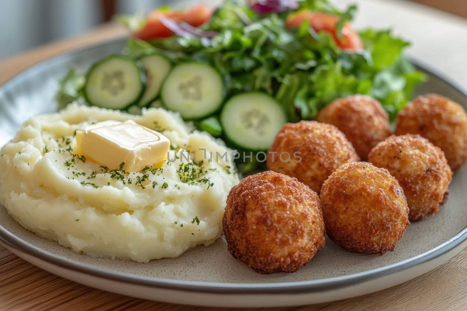 fried meatballs served with creamy mashed potatoes and a fresh green salad. AI generative.