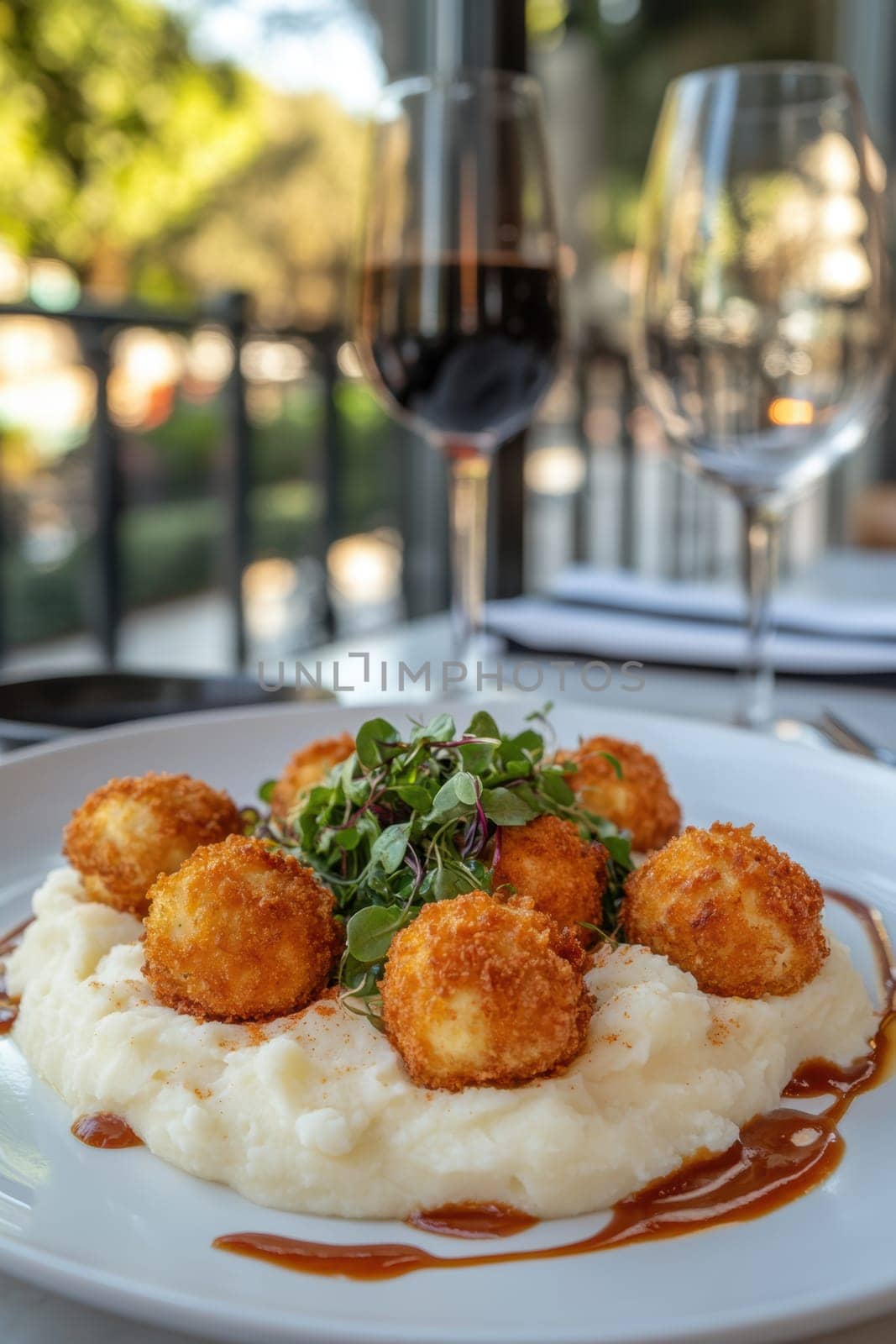 fried meatballs served with creamy mashed potatoes and a fresh green salad. AI generative.