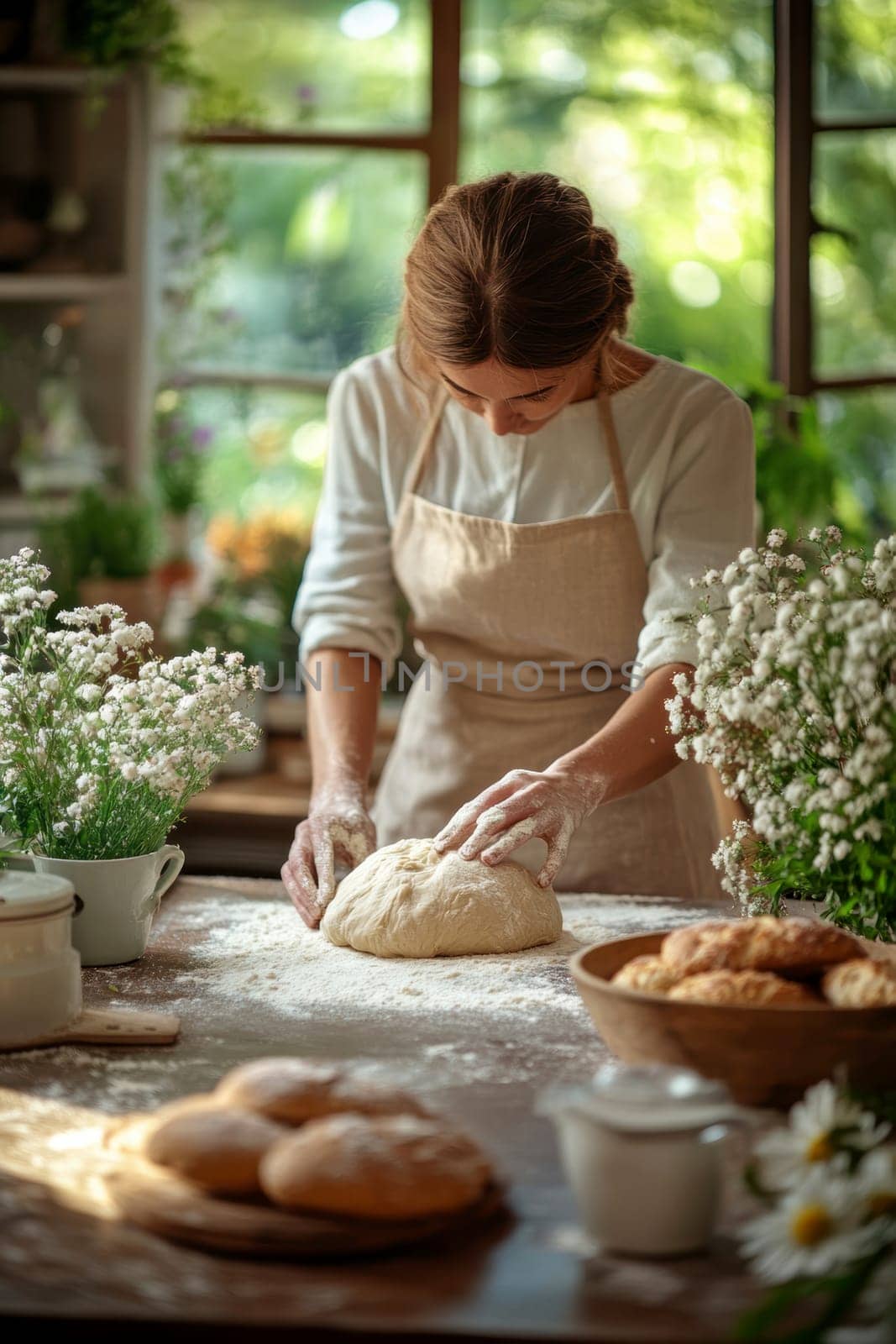 The hands knead the dough on a floured surface and prepare homemade bread in a cozy kitchen environment. AI generative.