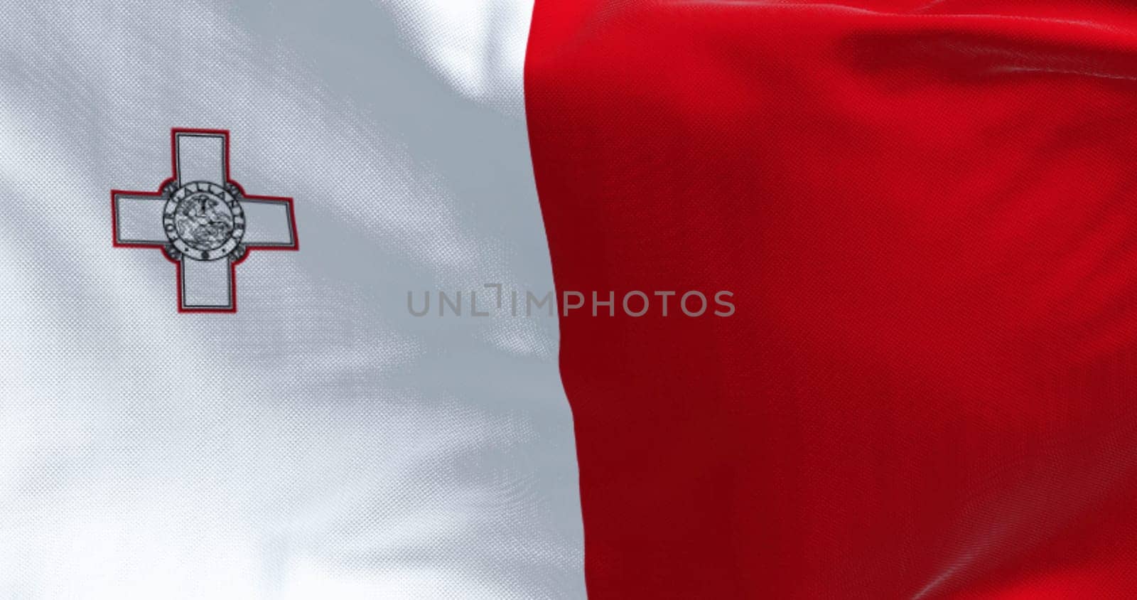 Close-up of Malta national flag waving in the wind. White and red with George Cross in white stripe canton. 3d illustration render. Fluttering fabric.