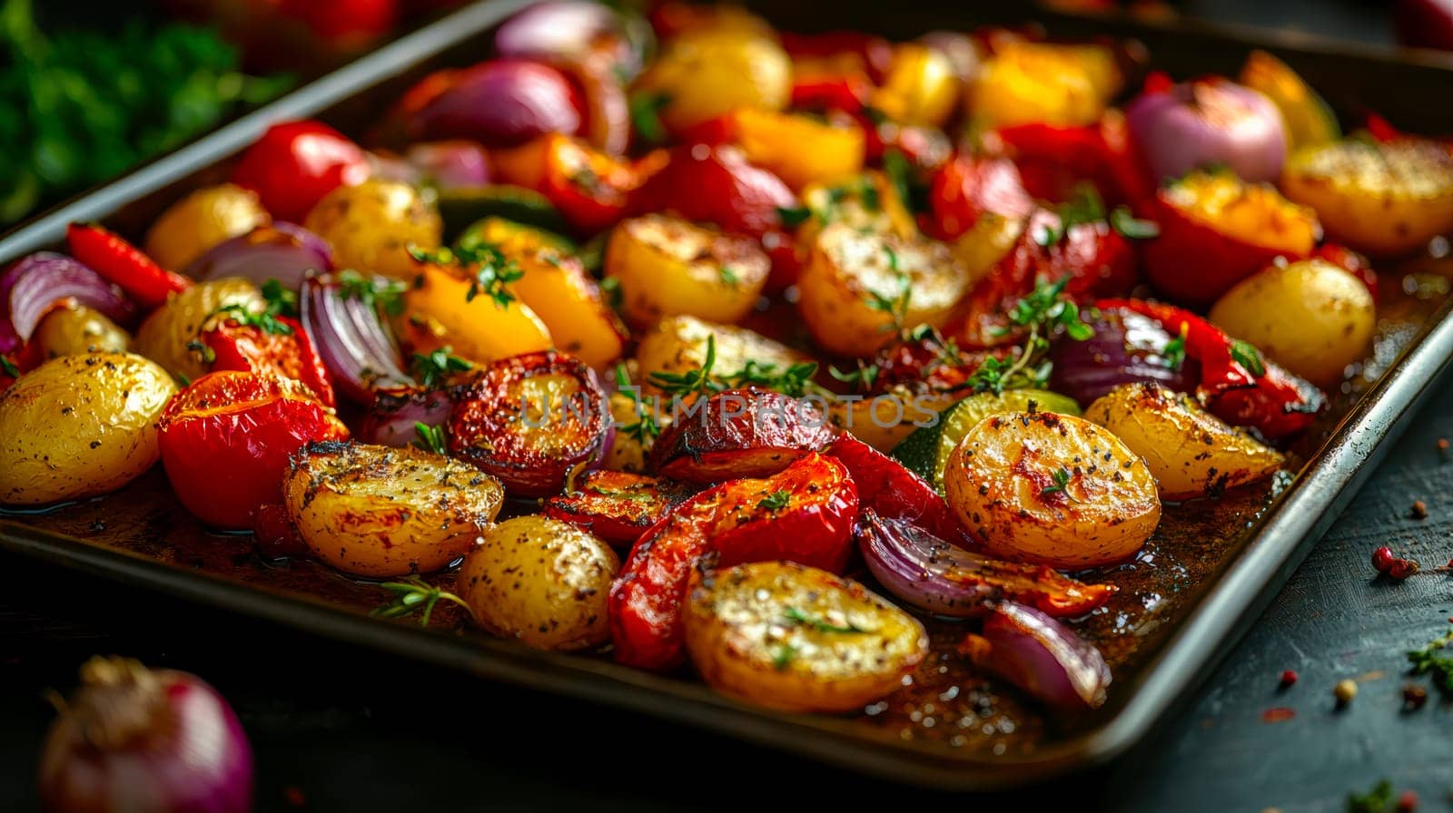a rustic baking sheet filled with freshly roasted vegetables, including colorful peppers, onions, potatoes, zucchini and whole garlic cloves. Ai generative.