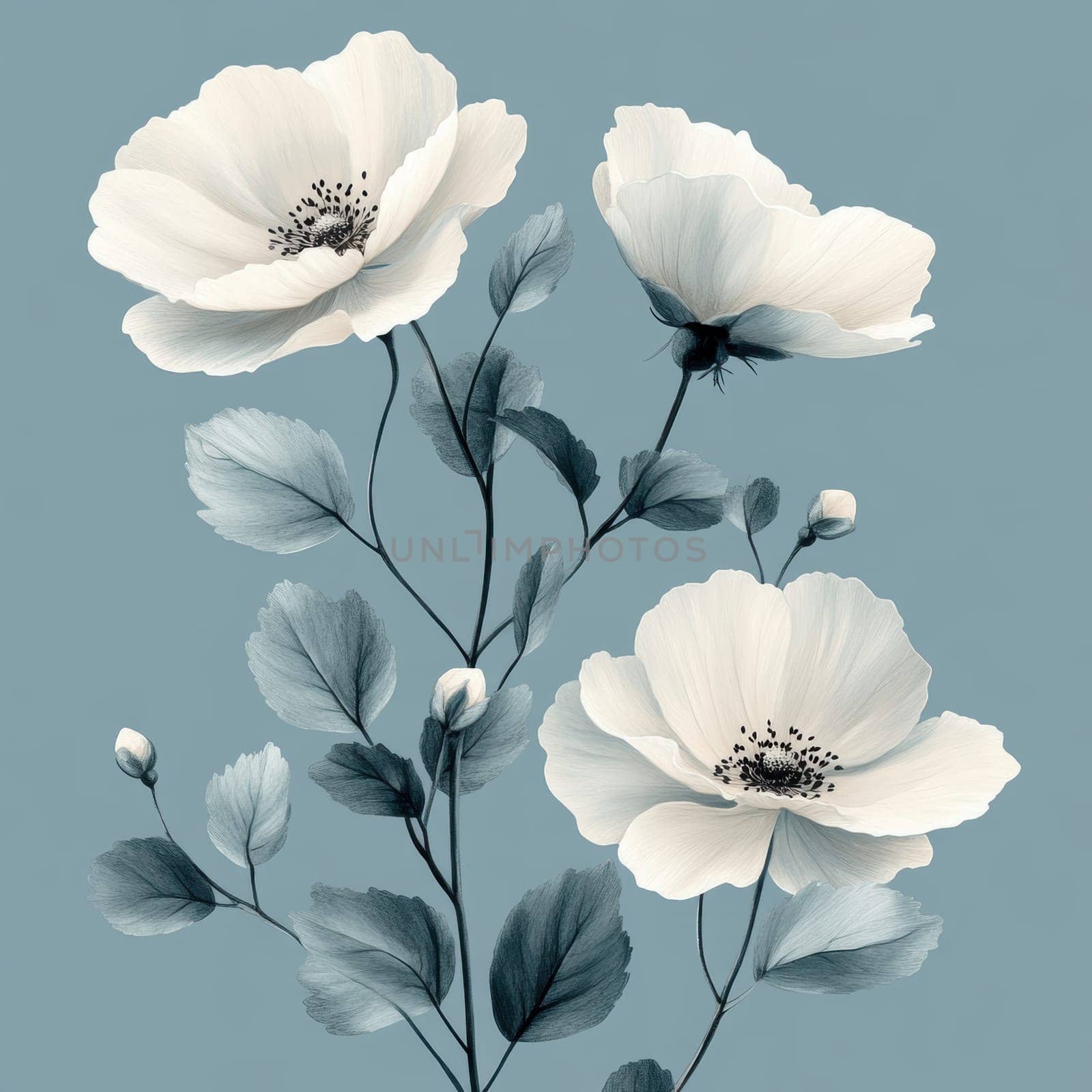 large flowers and small branches printed on top, inspired by abstract expressionist art. AI generative.