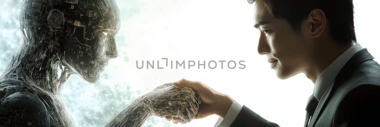 Cooperation between human and robot controlled by AI algorithms. AI generative.