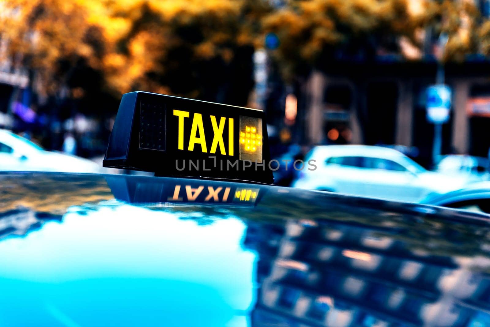 Vacant taxi detail, Barcelona, Spain. Infrared shot