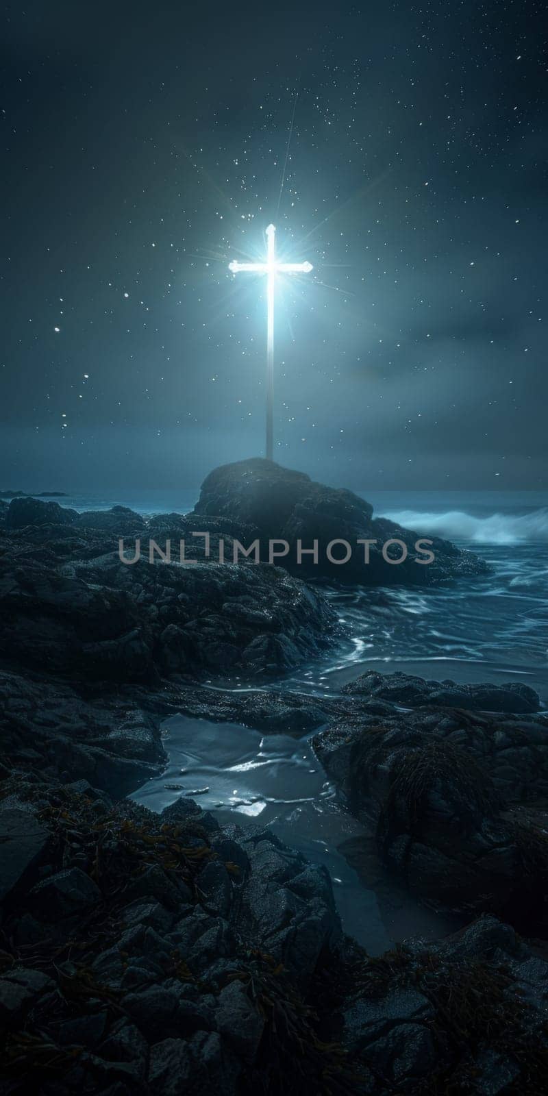 Cross illuminated on rocky seashore at night with starry sky, background, AI Generated