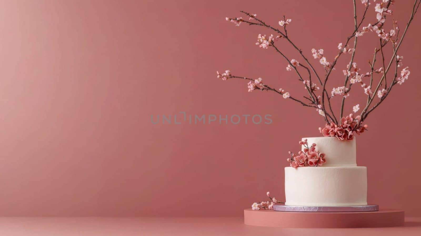 Wedding White tiered cake with pink blossom on pastel background, copy space, AI Generated
