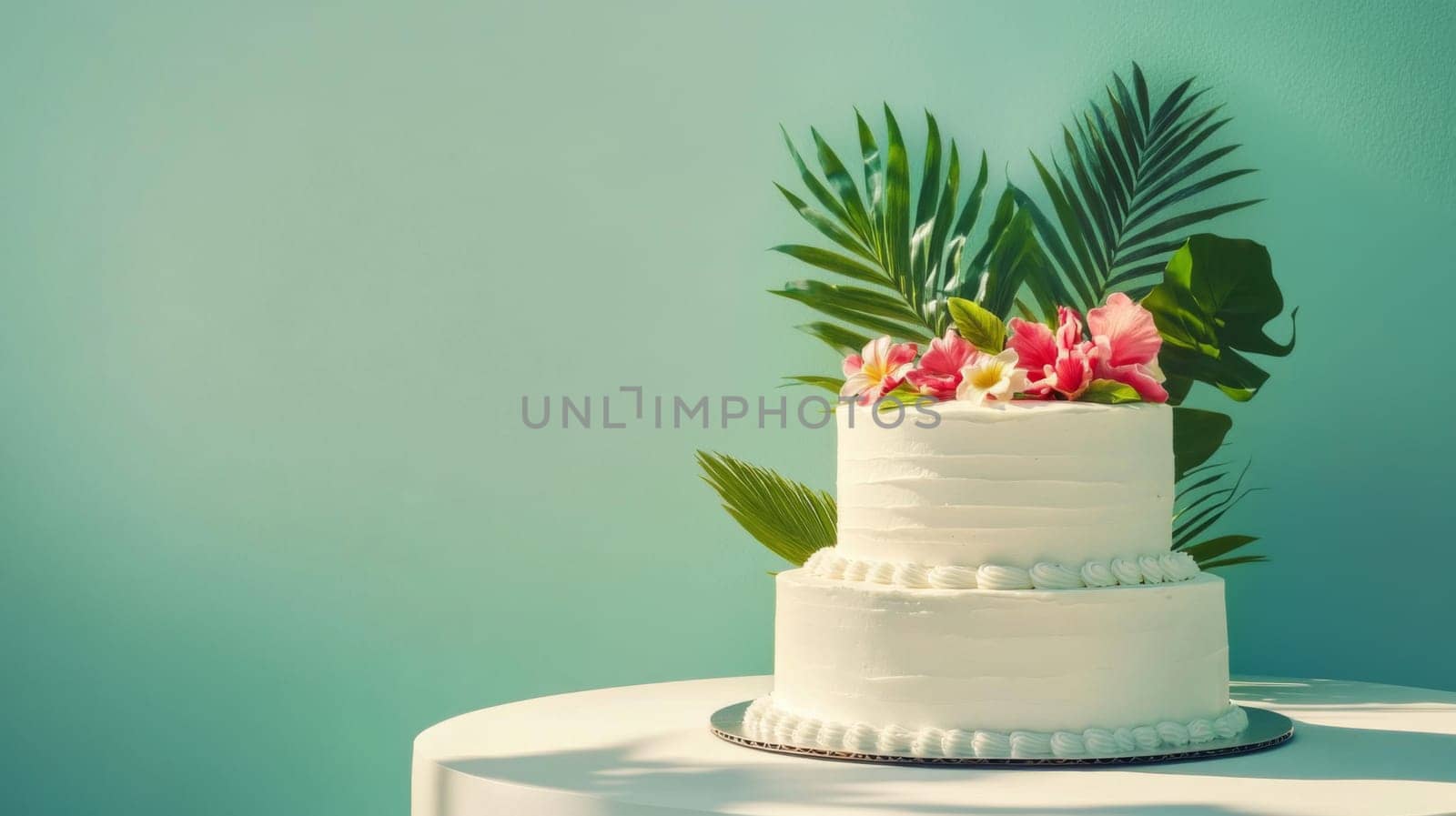 Tropical wedding floral cake with vibrant flowers on solid color background, copy space, AI generated