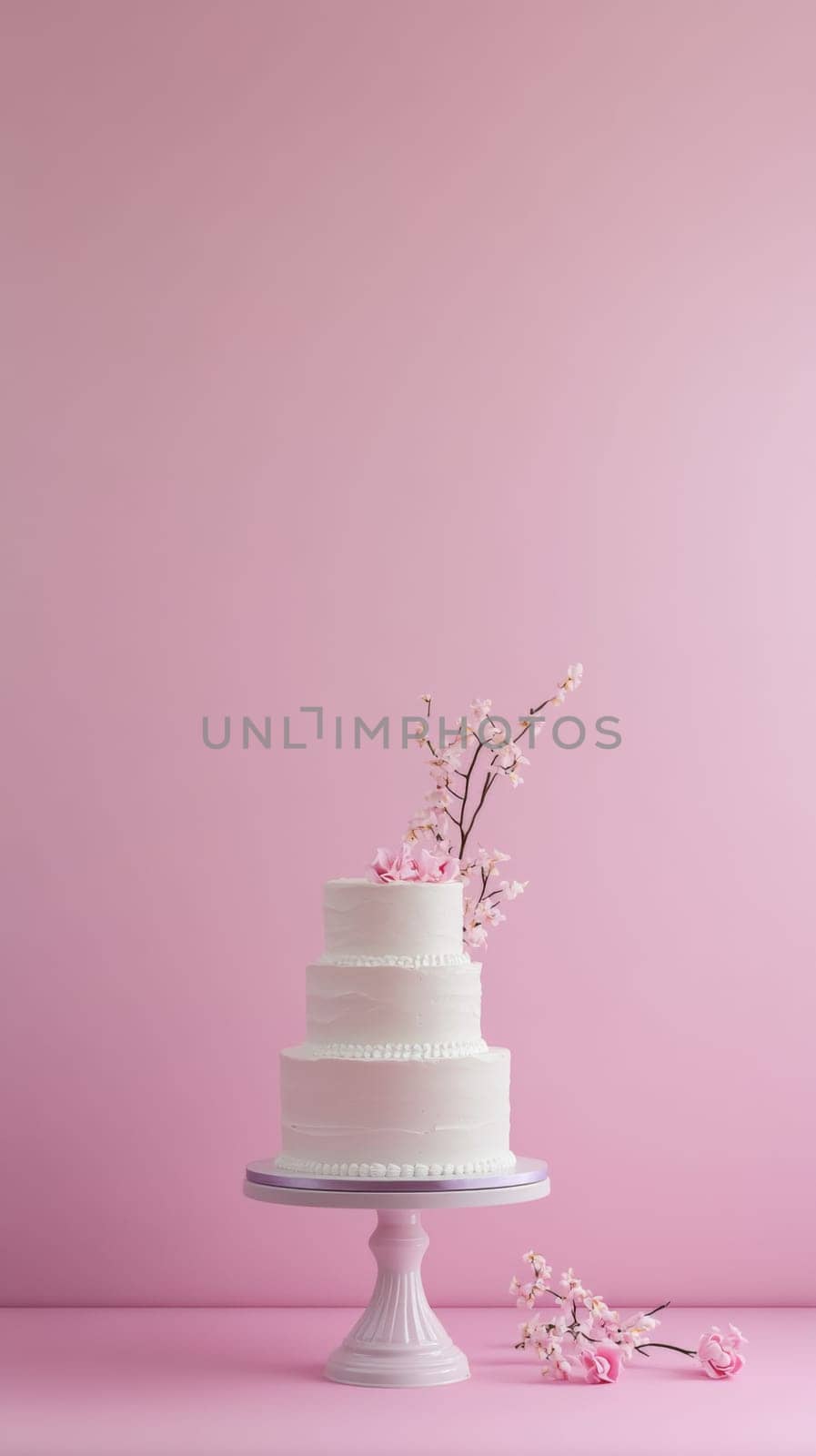 Wedding White tiered cake with pink blossom on pastel background, copy space, AI Generated