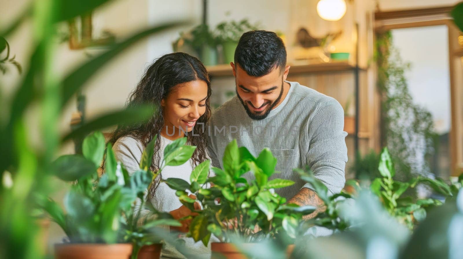 Couple caring houseplants at home. Multiracial middle aged man and woman with green plants. AI Generated