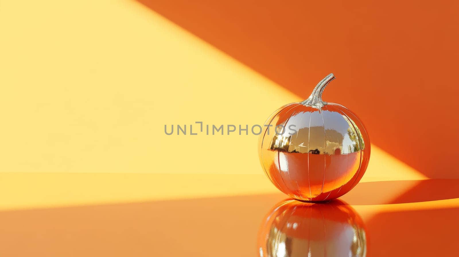 Pumpkin mirror ball in sunlight on the floor background with copy space, AI Generated