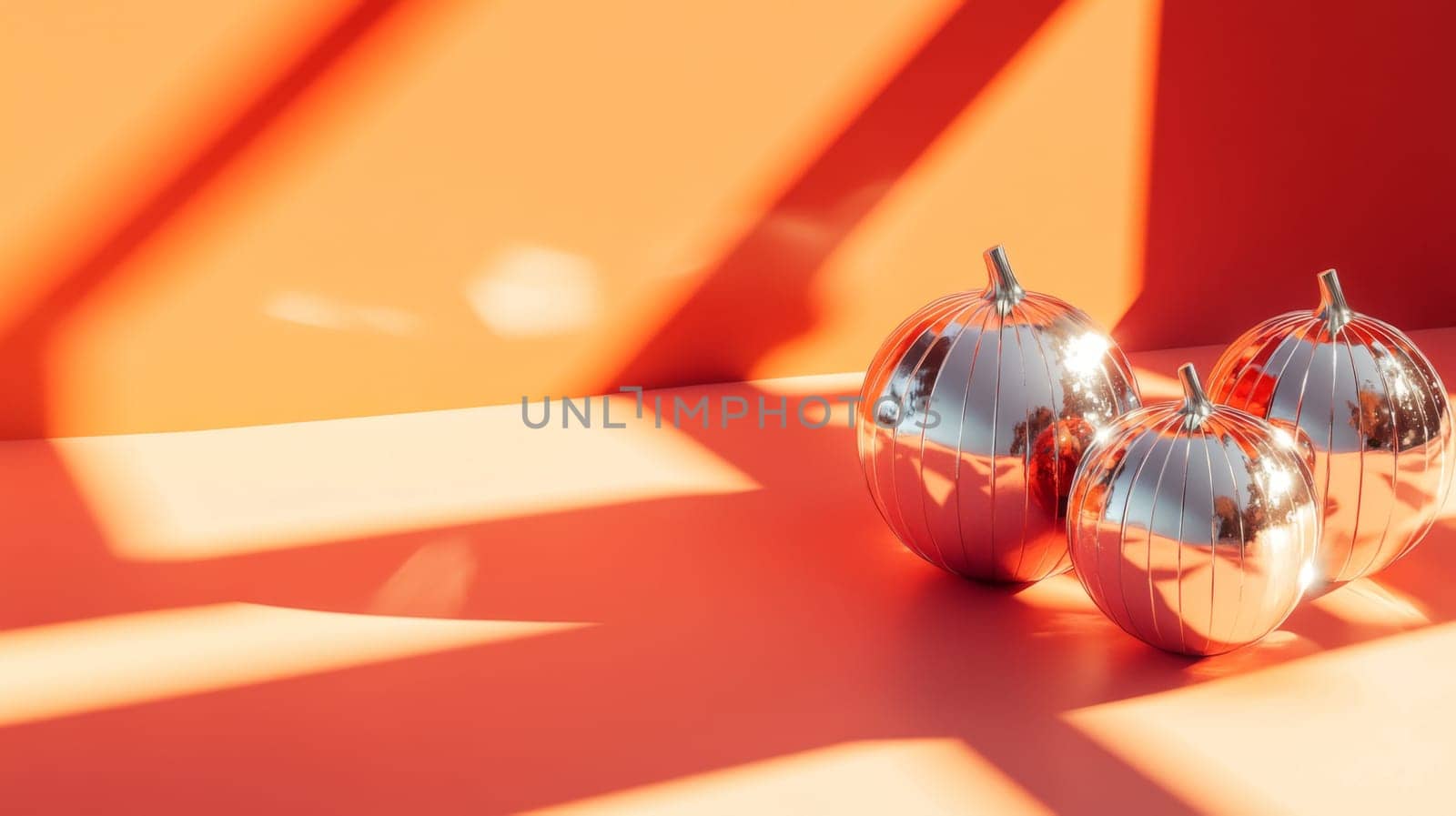 Pumpkin mirror ball in sunlight on the floor background with copy space, AI Generated