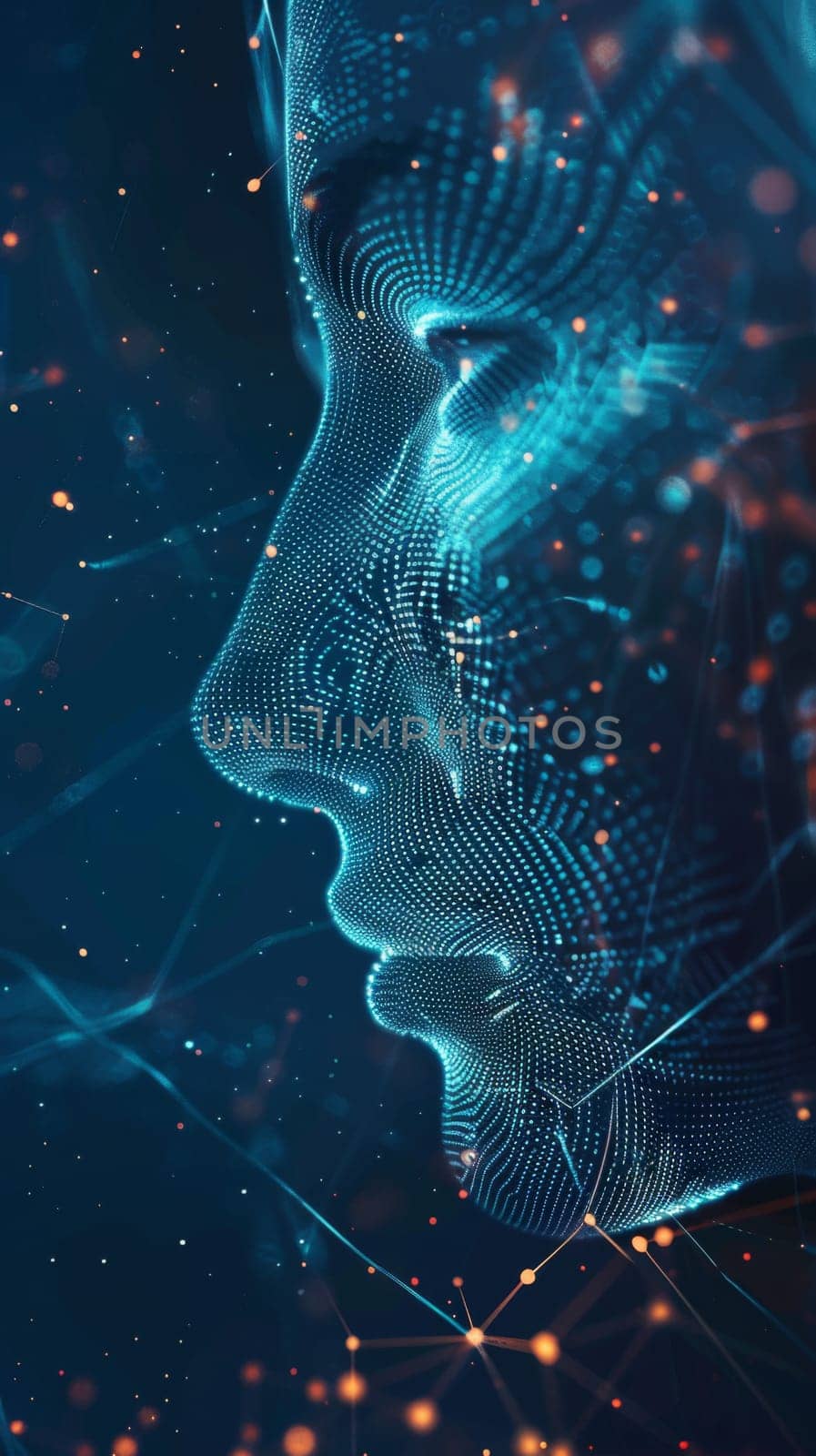 Human face with digital network pattern on dark background, authentication scanning concept, AI generated