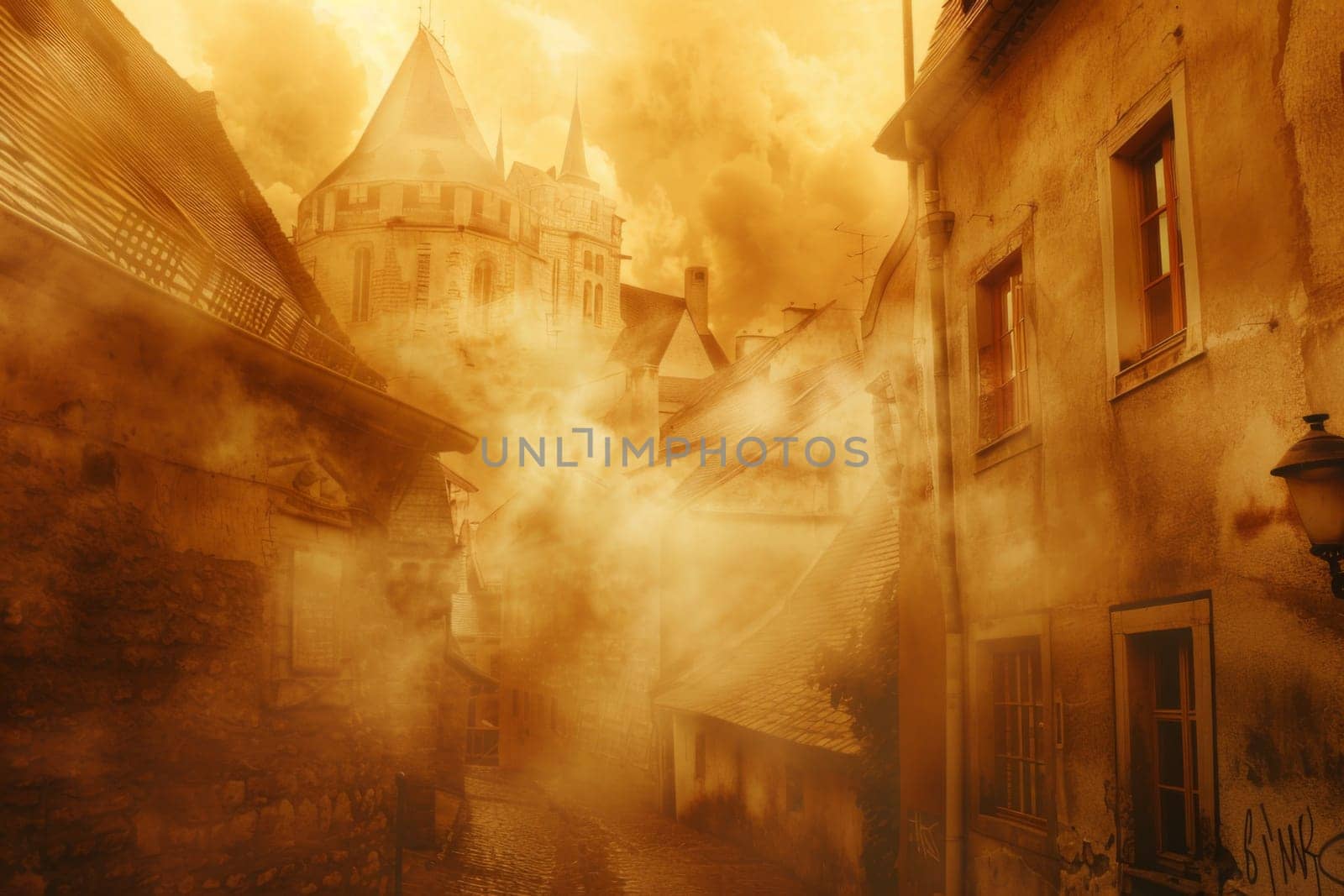 Misty village landscape with medieval architecture covered in thick orange fog, background, AI Generated