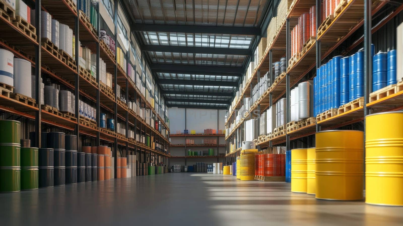 Autonomous robot navigating spacious warehouse with cans of paint, concept of automation, AI generated