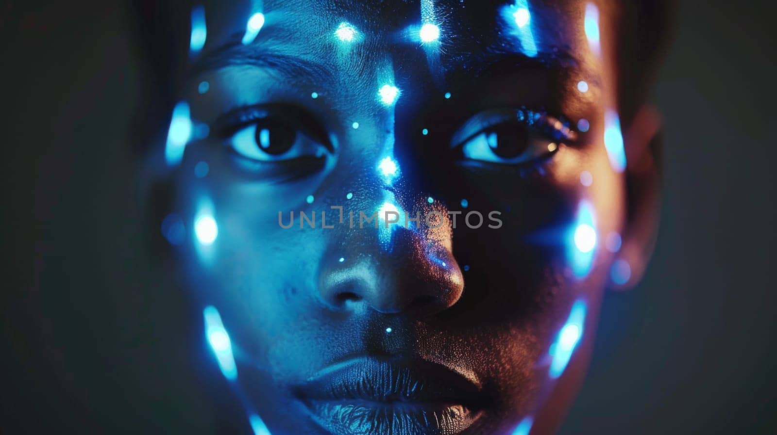 Human face with digital network pattern on dark background, authentication scanning concept, AI generated