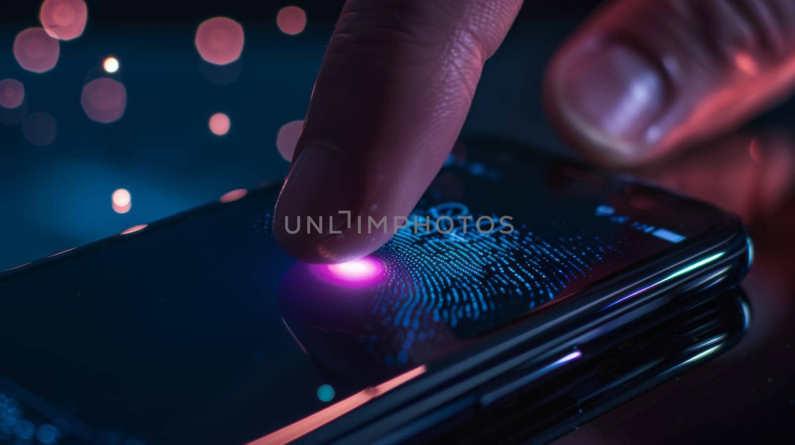 Fingerprint scanning on smartphone screen representing technology security, AI Generated