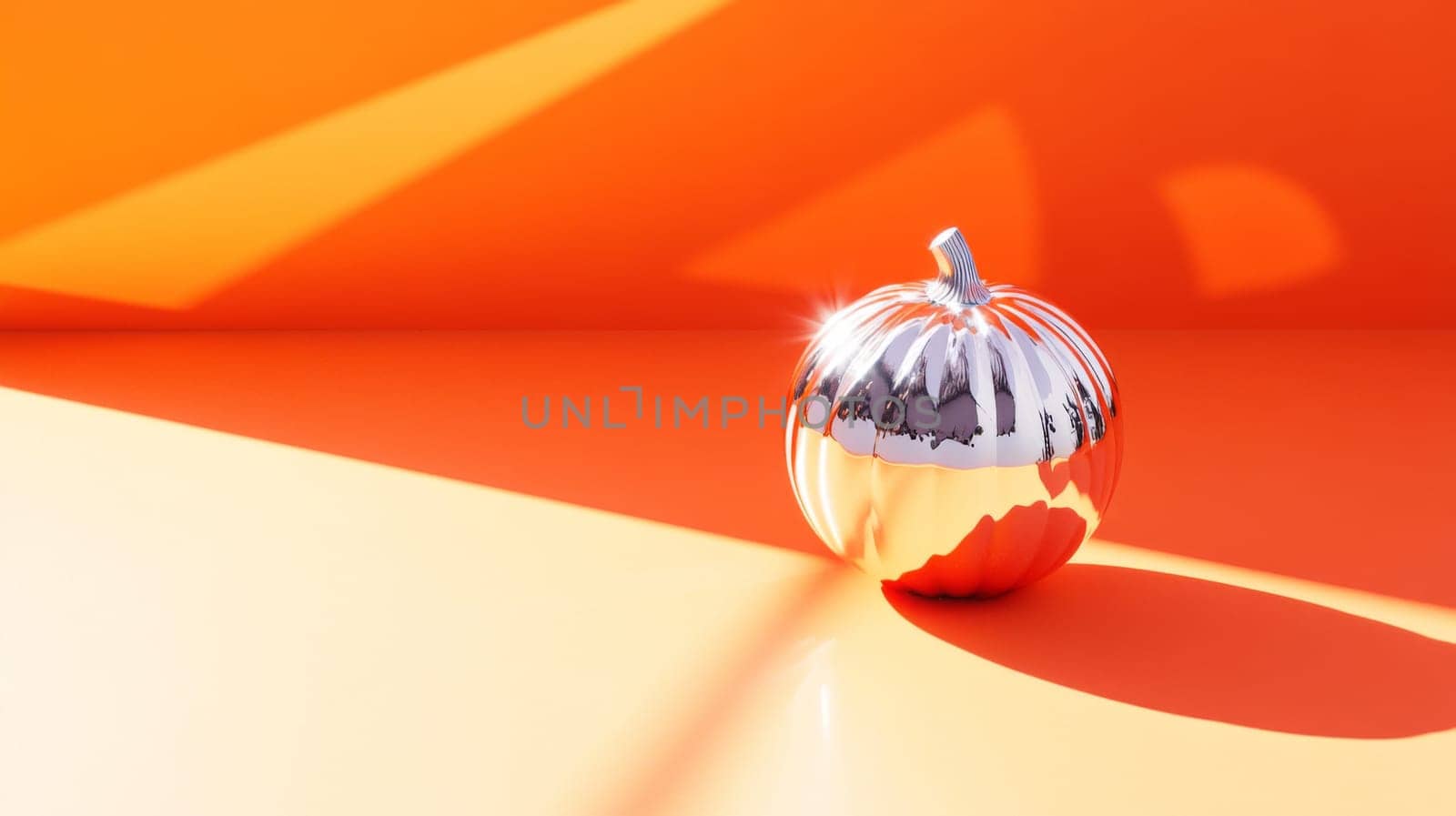 Pumpkin mirror ball in sunlight on the floor background with copy space, AI Generated