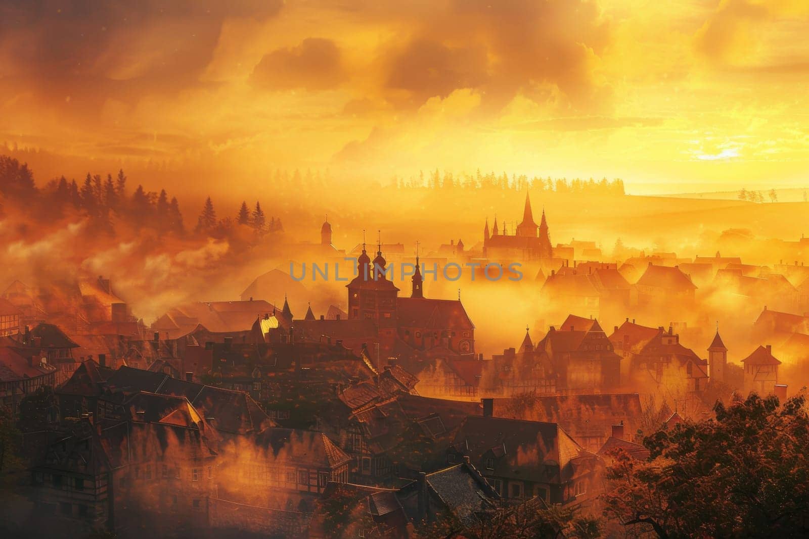 Misty village landscape with medieval architecture covered in thick orange sand storm fog, background, AI Generated