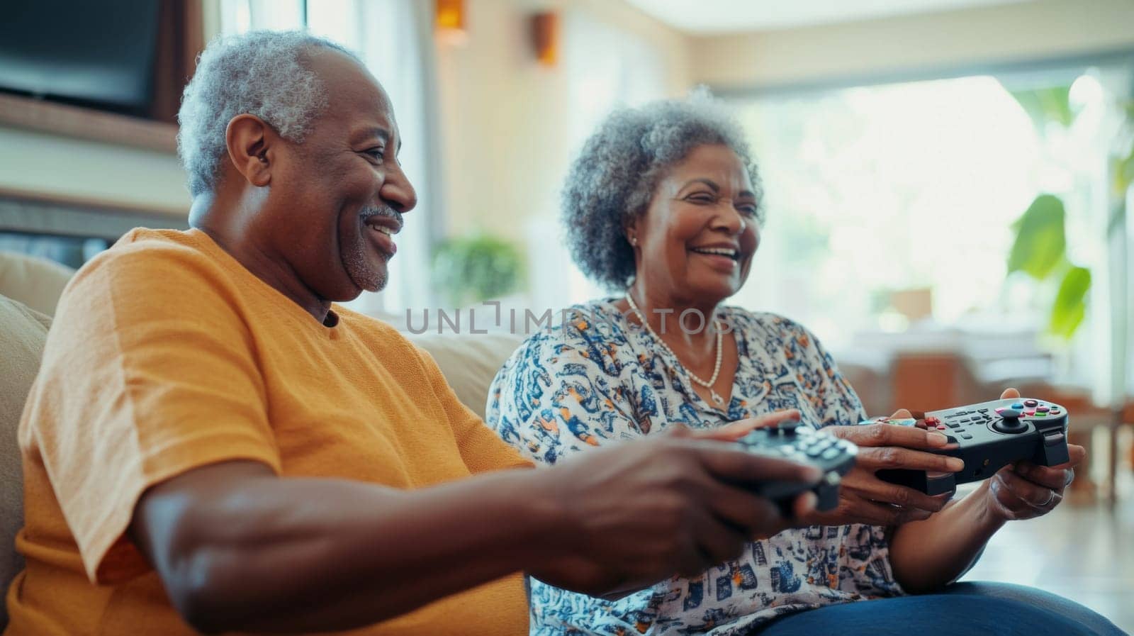 Elderly African American couple enjoying a video game at home, AI Generated