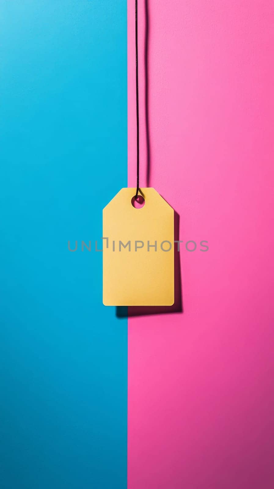 Blank price tag mockup with string on color background, AI Generated