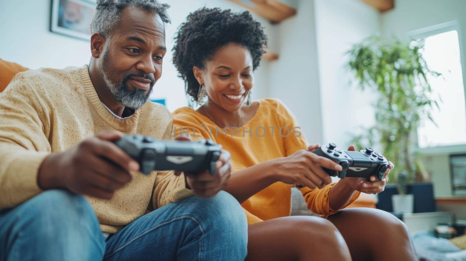 Senior african american couple enjoying video games together, concept of fun and bonding, AI Generated