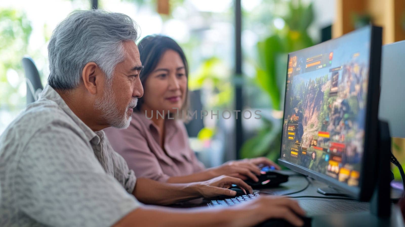 Mature multiracial couple enjoying video game together on computer monitors, concept of leisure, AI Generated
