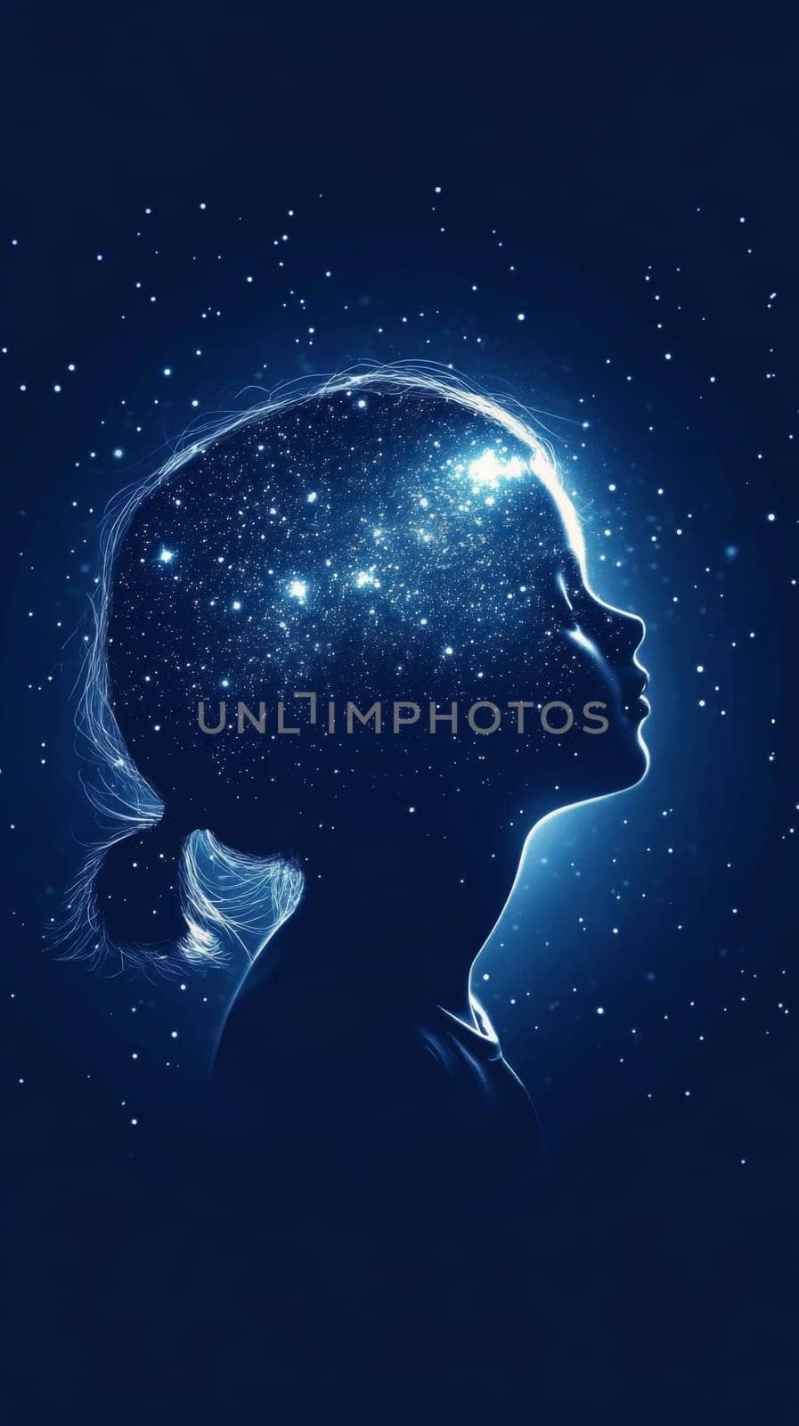 Child silhouette with stars in head, concept of imagination, dreams and universe, dark blue background, AI Generated