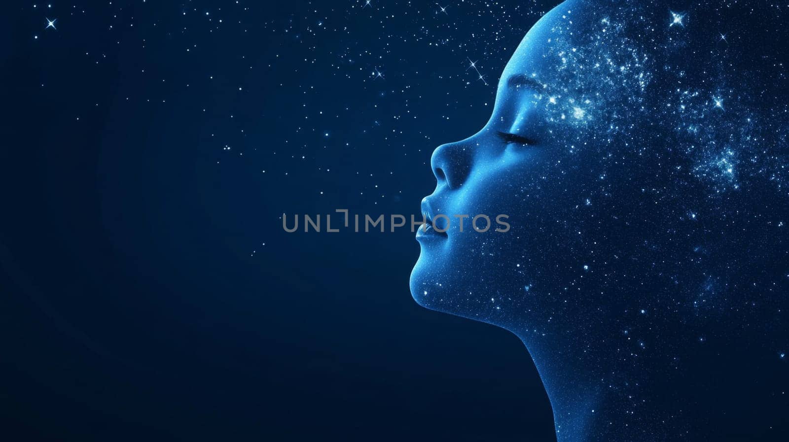 Child silhouette with stars in head, concept of imagination, dreams and universe, dark blue background, AI Generated
