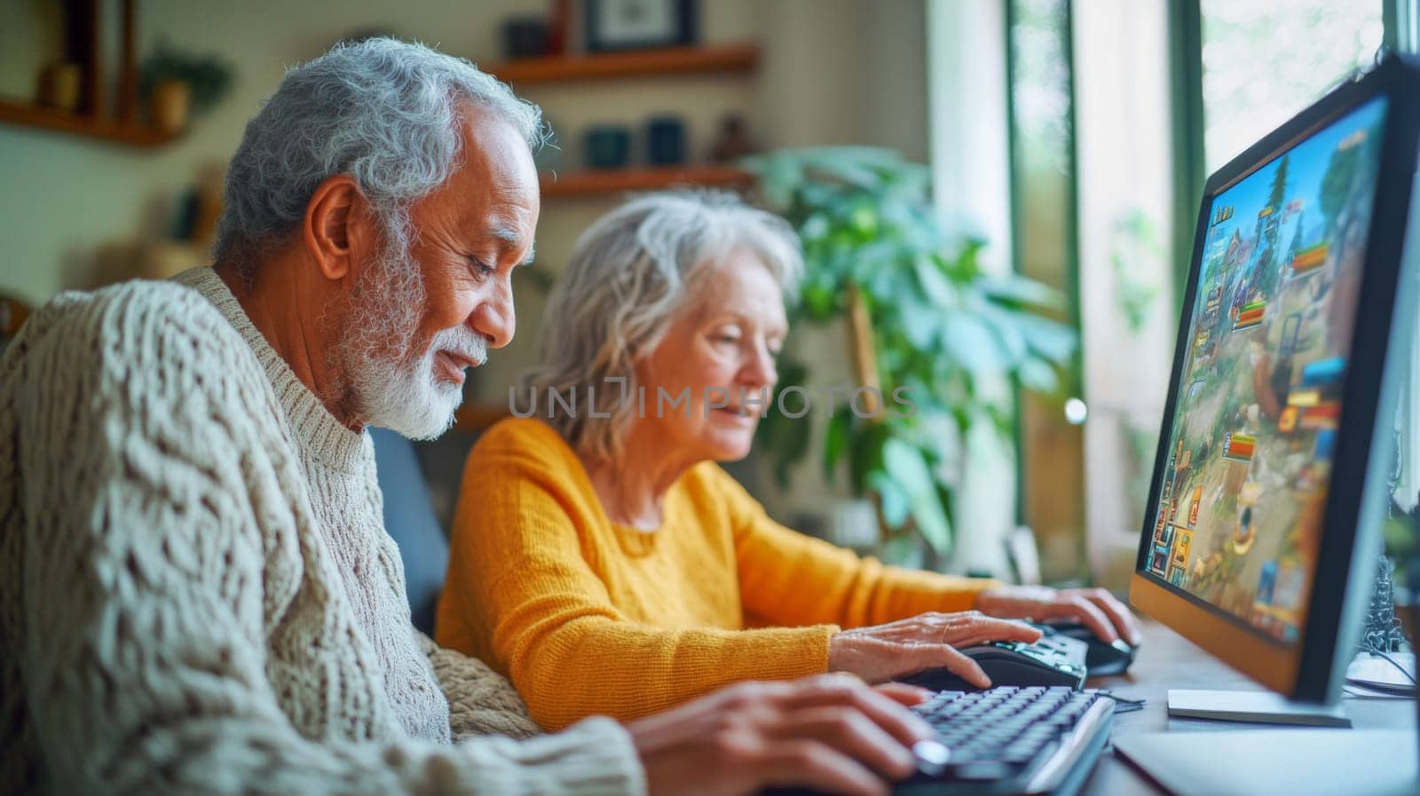 Senior multiracial couple enjoying video game together on computer monitors, concept of leisure