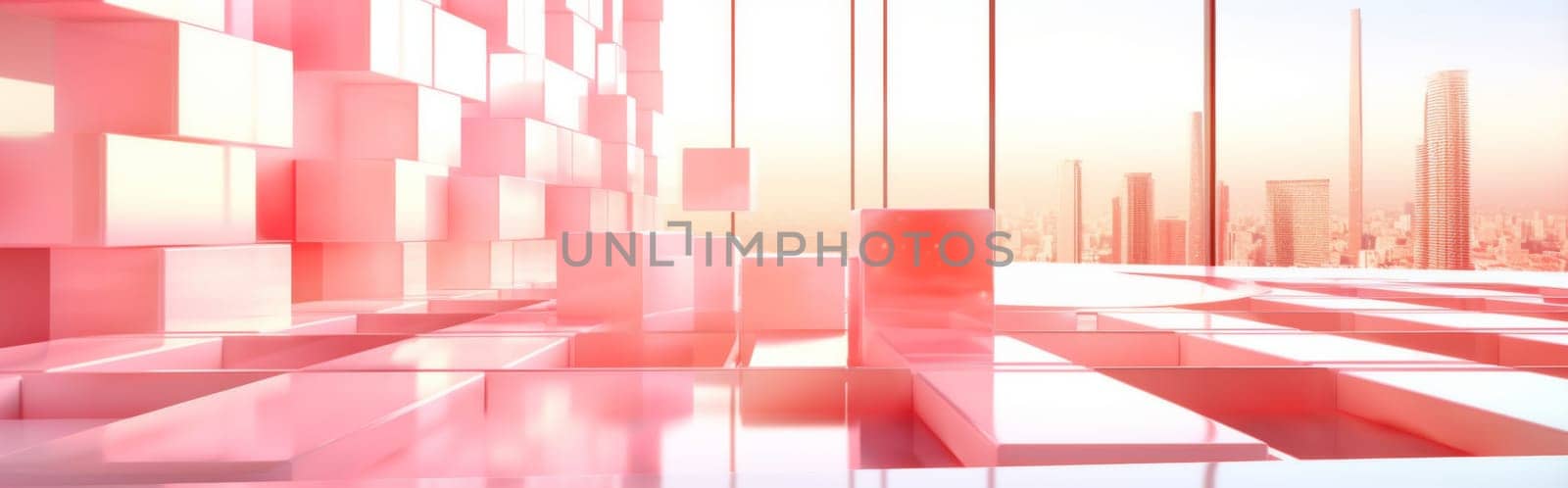 Abstract pastel pink geometric shapes with white sphere and blocks background, AI Generated