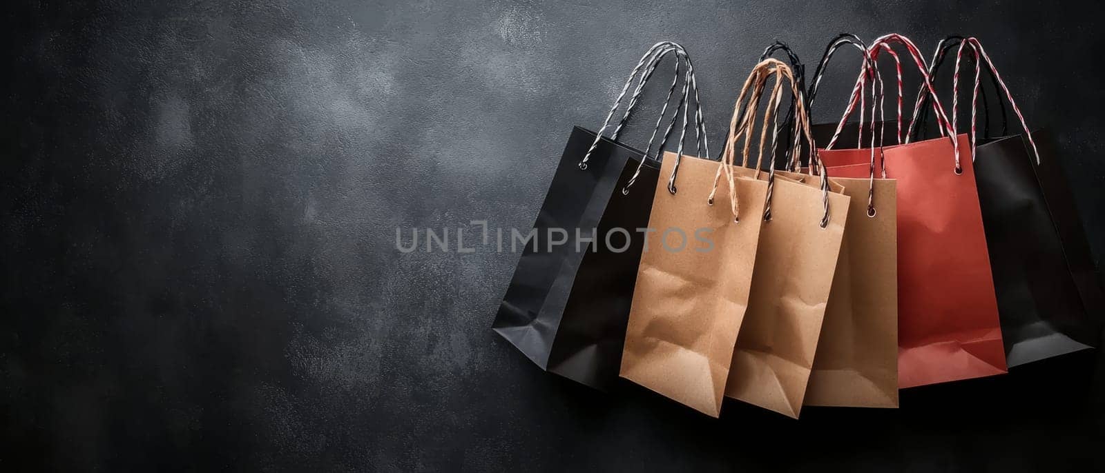 A row of colorful shopping bags against a textured dark background, perfect for retail and marketing themes with copy space.