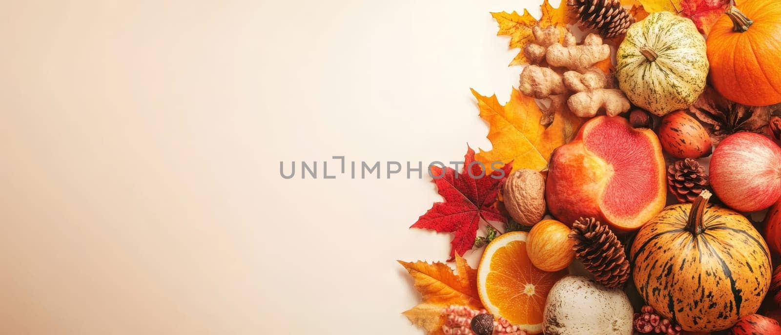 A collection of autumn fruits and leaves arranged on a blank background, perfect for seasonal designs with copy space.