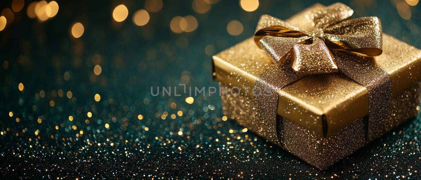 A beautifully wrapped gold gift box with glittery ribbon, set against a sparkling bokeh background, symbolizing luxury and celebration.